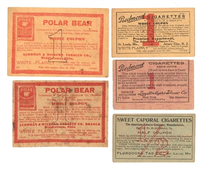 1909 Original Piedmont & Sovereign Cigarette Slide Boxes With (2) Polar Bear Coupons, (2) Piedmont Coupons & (1) Sweet Caporal Coupon  